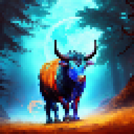 Bull with fiery blue horns and eyes, snorting flames from its nostrils, standing in a dark forest with magical runes etched into the ground and a full moon overhead, ready for battle in a Fantasy RPG.