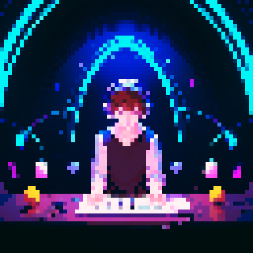 Solo male protagonist, wearing headphones, composing music, surrounded by mystical orbs, lost in a mesmerizing symphony, conjuring a fantastical world with every note, alone in a dim lit room