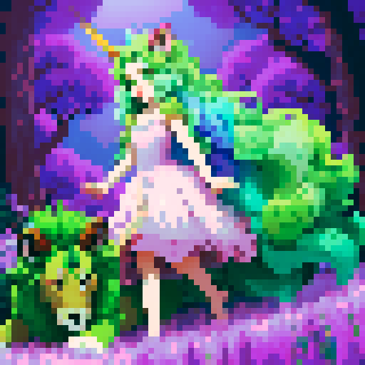 wild faun-unicorn woman, vibrant colors, playful demeanor, forest guardian, full body with a lion tail, emerald greens, pastel lavender purples, bathed in moonlight 