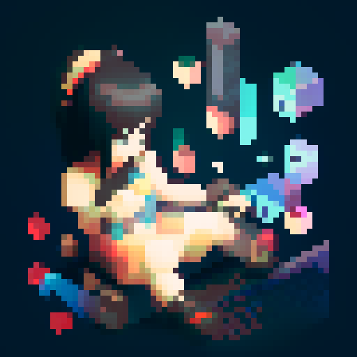 anime girl, sitting, atop gene bottle, pixel art, sRGB,