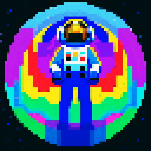 space traveler in vibrant pixel art spacesuit against a backdrop of swirling galaxies in vivid sRGB colors