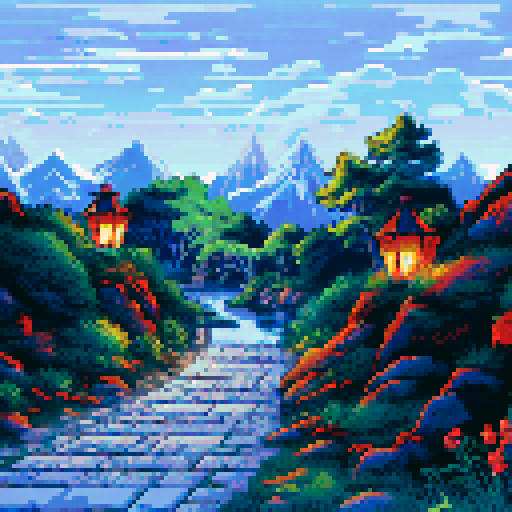lantern light, shimmering glow, rustic wooden lantern, flickering flames, illuminating a tranquil garden, vibrant pixelated flowers, towering mountains in the distance, serene moonlit sky, sRGB color palette, detailed pixel art, immersive background, picturesque landscape