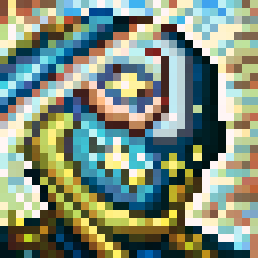 A pixelated portrait of a euphoric gamer with glowing eyes, sweat dripping down their forehead, and a wide grin on their face, surrounded by skill icons and power-ups, all in the vibrant hues of sRGB