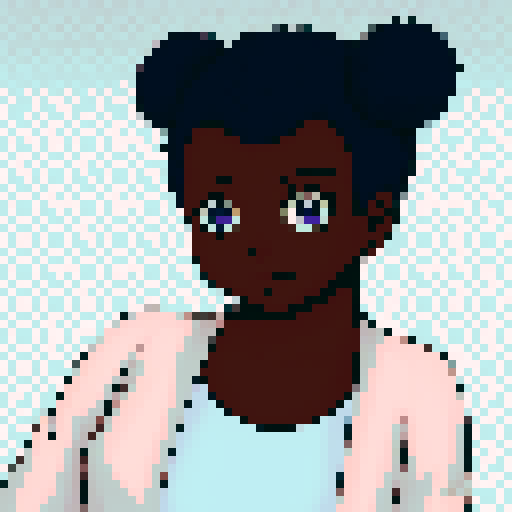 Teenage black girl with navy blue hair and purple eyes