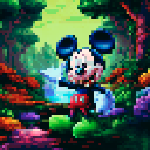 pixelated, Mickey Mouse, waist up, purple hoodie, green gloves, smoking a joint, sRGB, pixel art, background, landscape