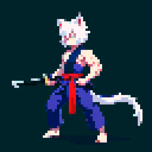 beast man with wolf ears and tail, white hair, brilliant dark blue yukata, pixel art, sRGB, 2D game stance, tall and slim, katana