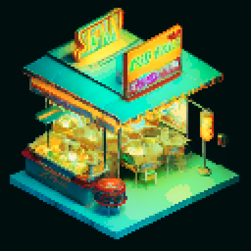 Isometric view of a food stall. Set at night. Neon sign is the sole source of light. Red and cream awnings. Has tables and stools around for diners. No people. Retro-futuristic style.