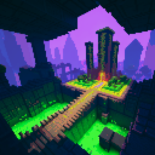 minecraft 2b2t spawn, towering obsidian skyscrapers, graffiti-covered walls, chaotic cobblestone paths, vibrant pixelated landscapes, vibrant pixel art murals, glowing lava pits, eerie nether portals, crumbling ruins, neon-colored signs, glitched-out text, glitched-out pixel art, sRGB color palette, blocky structures, sprawling underground tunnels, floating islands, crumbling bridges, overgrown vegetation, pixelated explosions, player-built structures, scattered loot chests