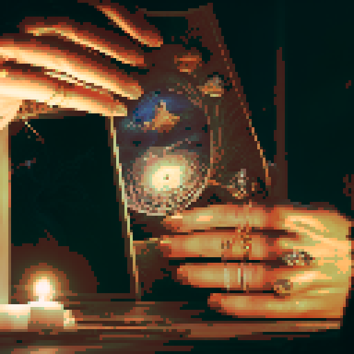 A close-up of a woman's hands over a table during a tarot card reading in a medieval dark style. The table is adorned with elements of the ocean such as sea shells, sand, and small pieces of coral. The atmosphere is mystical and dimly lit, with candlelight casting shadows that enhance the eerie and magical mood. The woman's hands are gracefully poised over the cards, which also have oceanic designs like waves and mermaids.