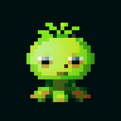 A small, young tree-like creature with tender green leaves sprouting from its branches. It has a slender trunk with light brown bark and a pair of bright, curious eyes. The sapling has a gentle, hopeful expression and stands firmly on its roots. No background.
