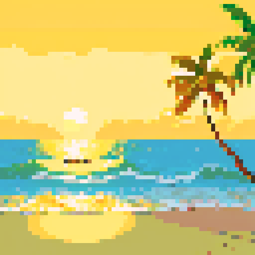 Warm, golden hues reflecting off the calm ocean surface, sandy beach with pixelated palm trees, waves gently crashing in the distance