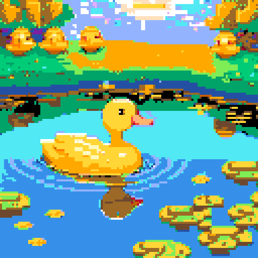 yellow duck in a pond, surrounded by lush greenery and reflecting sunlight in a serene pond with shimmering ripples and pixelated waves, creating a tranquil atmosphere in a picturesque landscape with vibrant colors using intricate pixel art in the sRGB palette