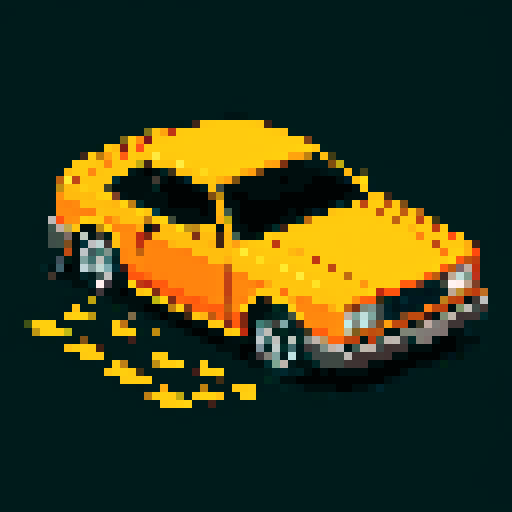 crashed orange sedan, shattered windshield, twisted metal, skid marks, vibrant colors, low-resolution, blocky pixels, retro video game style, glowing headlights, 16-bit art, simplified shapes, saturated hues