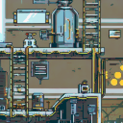 Dilapidated machinery, sparks flying, smog-filled air, towering metal structures, cracked concrete floors, flickering neon lights, rusted conveyor belts, broken windows, shattered glass, discarded robot parts, overgrown vines, eerie shadows, abandoned control panels