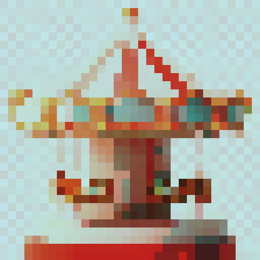 Carousel horse with vibrant colors, whimsical style, patterned saddle, flowing mane, sparkling eyes, ornate bridle, textured wood, golden accents, shining pole, skillfully crafted 32x32 pixel art, sRGB, close-up portrait of a game icon