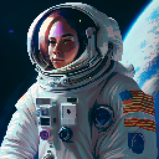 androgynous astronaut, vibrant spacesuit, floating gracefully, starry backdrop, nebula hues, pixelated stars, determined gaze, reflective clear visor, visible face, cosmic energy, self-discovery in space, sRGB, pixel art