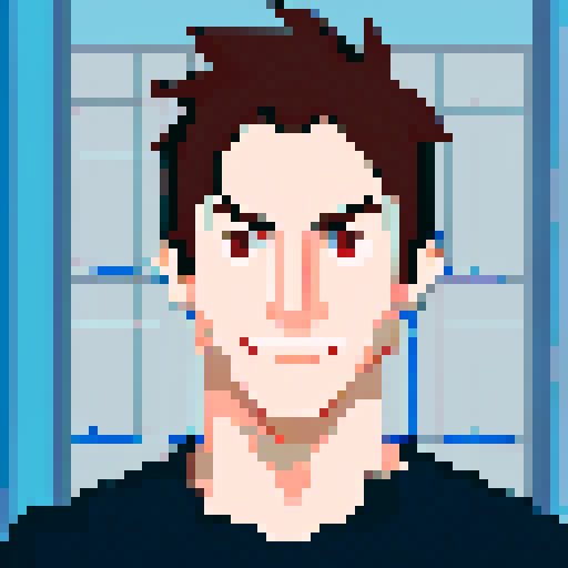 Cartoonish pixel art profile picture, server room background