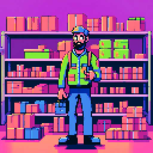 young, bearded male warehouse worker, Amazon Germany, pixel art, sRGB, busy picking and organizing packages, vibrant colors, retro aesthetic, stacks of boxes, conveyor belts, barcode scanners, robotic arms, high-tech machinery, bustling atmosphere, pixelated Amazon logo, fluorescent lighting, dynamic movement, pixelated barcode labels