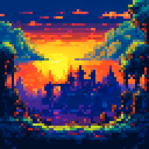 Create a sunset scene in a desolate, abandoned, overgrown, post-humanity countryside where artifacts of human presence are crumbling and rusting away to time.
