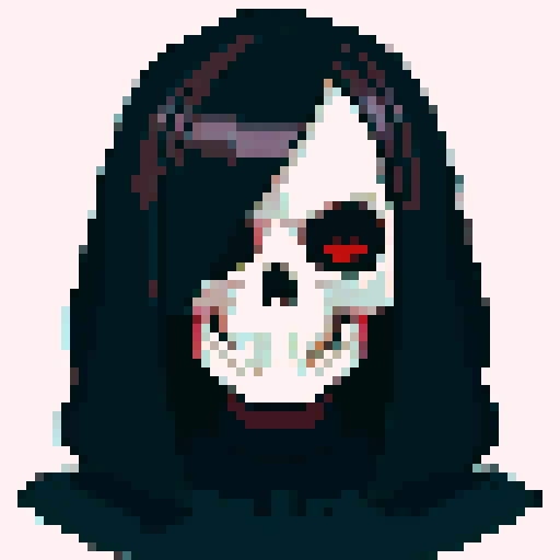 flat skull face, expressive eyes, dark colors, pixelated details, sRGB color space, blank background