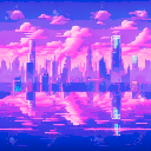 neon-tinted raindrops, liquid light ripples, puddle-covered ground, towering skyscrapers reflections, glowing signs, surreal pixel art
