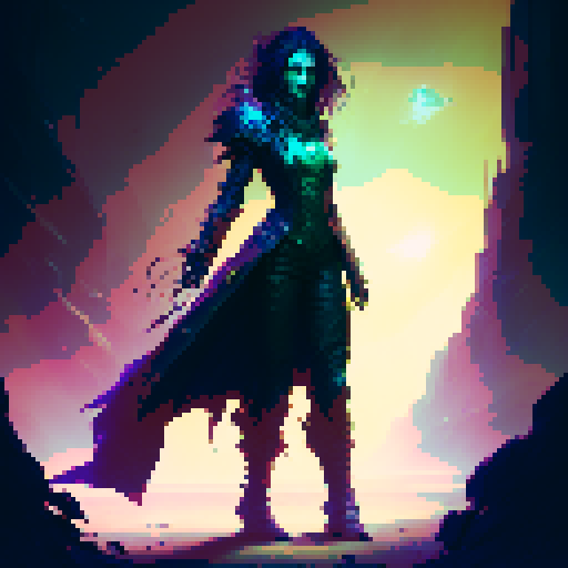 female necromancer, long dark hair, full body, action pose, swirling purple and green magic, mysterious ruins, ethereal glow, intricate staff, tight fitting flowing robes, intense gaze, dark shadows, ancient spellbook, fantasy Medieval RPG