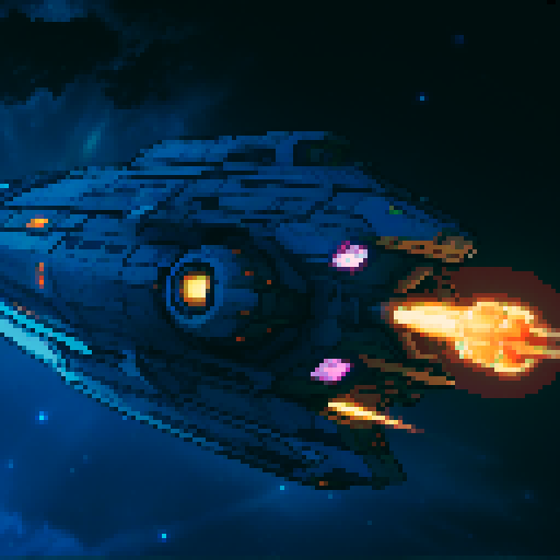 spaceship with sleek metallic exterior, glowing engine fires, starry backdrop, vibrant pixel art, sRGB colors