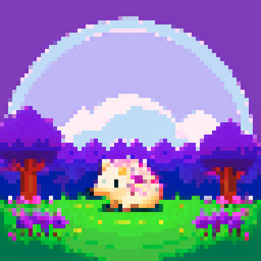 Pixelated hedgehog in the foreground, background a purple forest, clear purple sky above