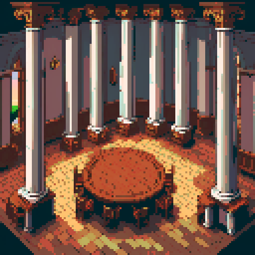 royal council, columns, building, inside, block, wood, discussion table, table, wooden interior, council room