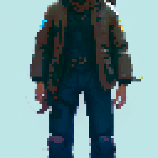pixel character front view, 45 years old man with black and grey hair, blue jeans and brown jacket 