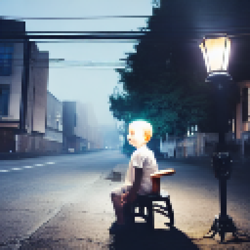 Glowing-eyed boy perched on a street chair under a sorrowful, lifeless street lamp in a desolate wasteland.