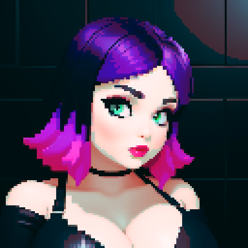 curvy, busty goth girl, whole head portrait, face portrait, close up, leather bikini, modern tile backsplash, vivid colors, pixel art, sRGB
