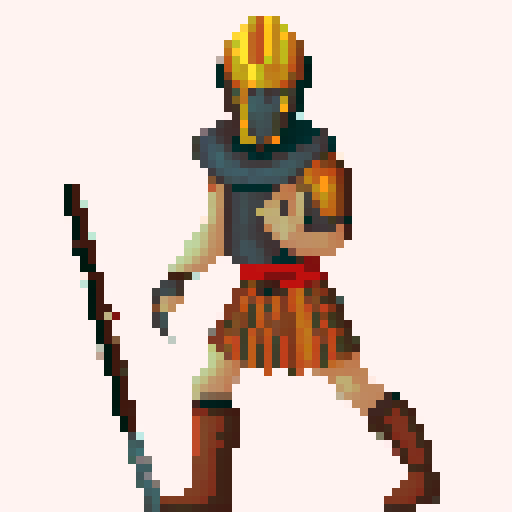 greek hoplite with copper armor, shield and corinthian style helmet without plume. red tunic and red edging on sandals. long spear. in a 64x64 sprite style