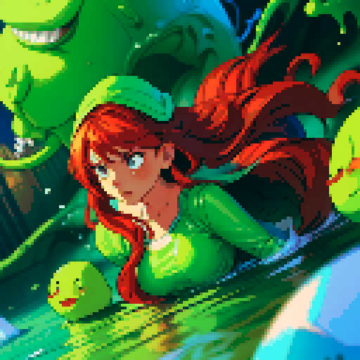 hero sinking into slime, hero drowning in slime, hero has red hair