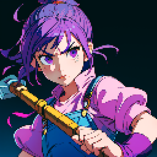 nerdy character, purple-haired, overalls-wearing, small hammer-wielding, jrpg-style, sRGB, pixel art