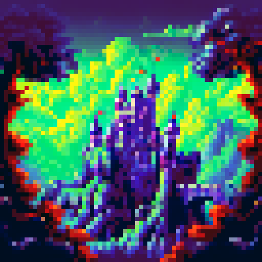 Medieval castle, towering under a dark, ominous sky, surrounded by a misty forest