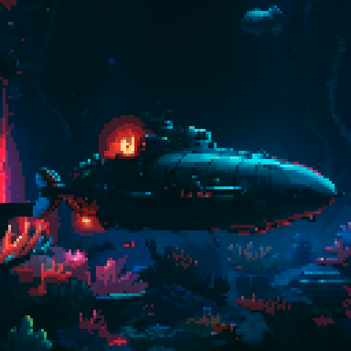 submarine, underwater, colorful, vibrant, retro, 8-bit, pixelated, deep sea, coral reefs, marine life, illuminated, glowing, exploration, portholes, periscope, propellers, mechanical, rivets, vintage, nostalgic