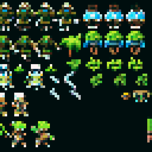 overhead view movement sprite sheet for a ranger in a rpg game serious and detailed with walking in all directions up down left right im using this in asprite tall using for animation of my game 