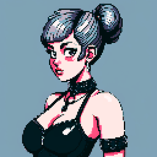 curvy, busty cute goth babe with studded collar, hair in buns, wearing studded leather halter top, pixel art, sRGB, close-up portrait, large-breasted, whole head portrait