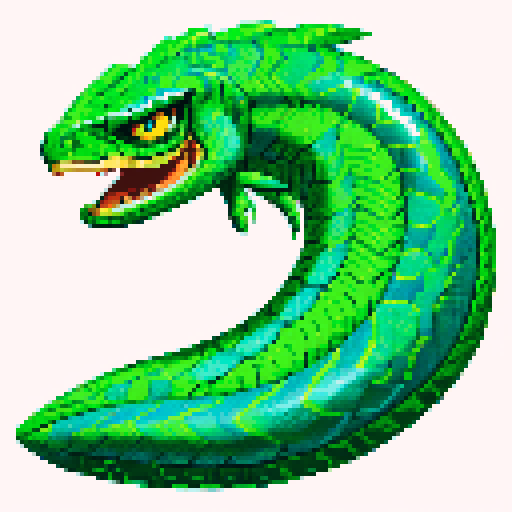 Basilisk with vibrant green scales, sharp serpentine eyes, and pixelated details in the color scheme of light blue and white