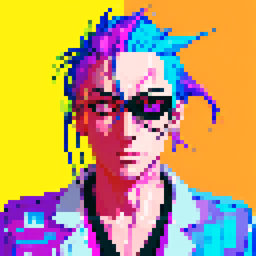 cyberpunk hacker with neon hair, neon cityscape reflection, vibrant graffiti, glitch effects, realistic