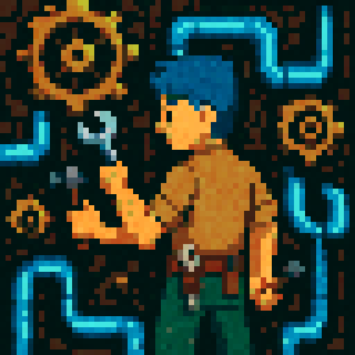 Pixel art, blue-haired man, light brown shirt, green pants, holding a wrench and small hammer, repairing intricate golden gears and glowing blue pipes, tools on belt. Minimalistic.