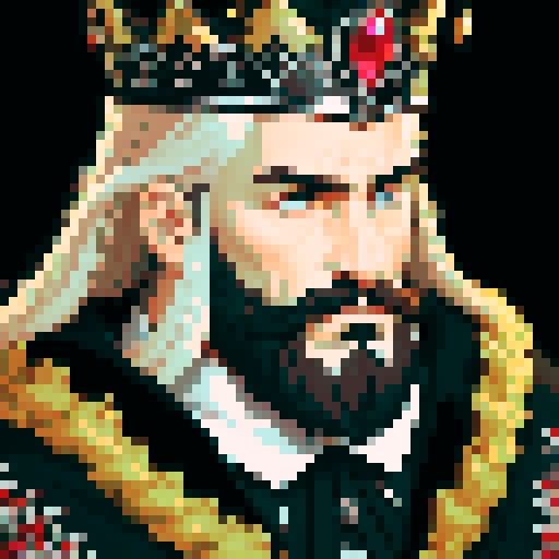 king, regal, black metall crown, black crown, majestic, stoic expression, sharp features, beard, silver accents, silver royal robe, intricate embroidery, game icon, 32x32 pixel art, sRGB, skill art, close up, portrait, blonde hairs, detailed