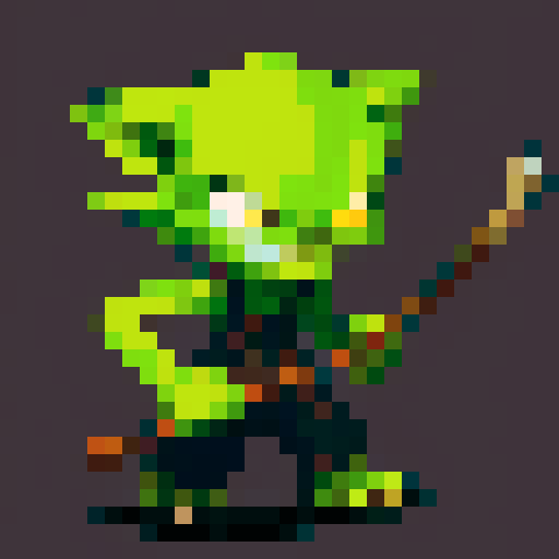 small, green-skinned humanoid creature with pointy ears, sharp teeth, and a crude wooden club, wearing ragged clothes, mischievous expression, lean, wiry build, dirt patches, scars, large glowing eyes, cunning glint, pixel art, sRGB