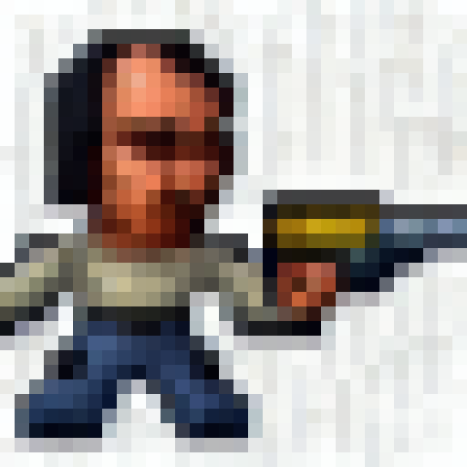 Pixelated gangster character grips his gun tightly in a close-up, 16x16 game icon-style portrait with bold colors and sharp edges.