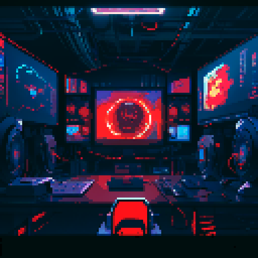 giant futuristic computer banks, vivid red monitors, hanging cables and cords, bioorganic towers of machines, dark fog, snaking cables on pixel art