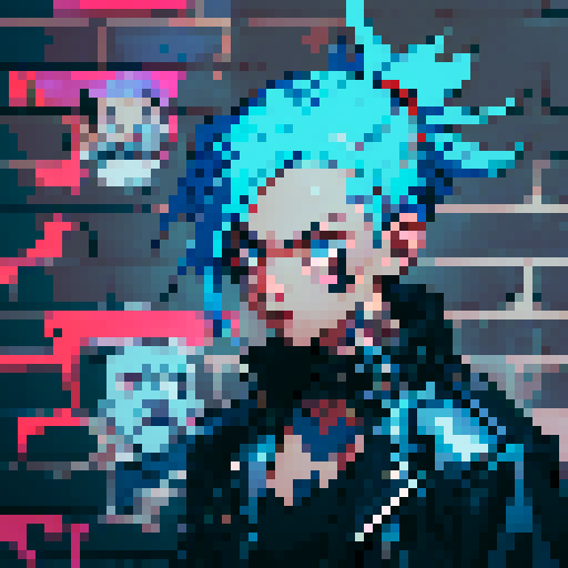 school, punk, rebellious character with spiky blue hair, torn black leather jacket covered in band patches, holding a spray paint can, surrounded by vibrant graffiti on brick walls, against a backdrop of lockers covered in stickers, all rendered in sRGB pixel art