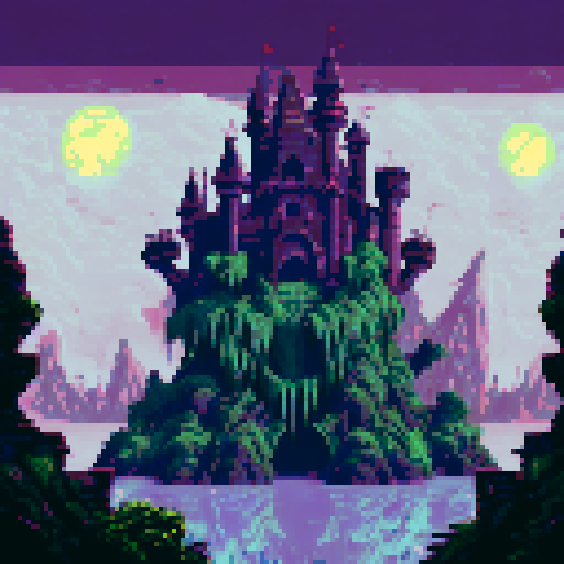Gargoyles perched on mossy stone, eerie shadows cast by full moon, Gothic castle turrets, misty gray deep-sea, pixel art, sRGB, underwater landscape