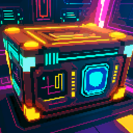 bulky futuristic lootbox, glowing buttons, intricate details, outer space, pixel art style