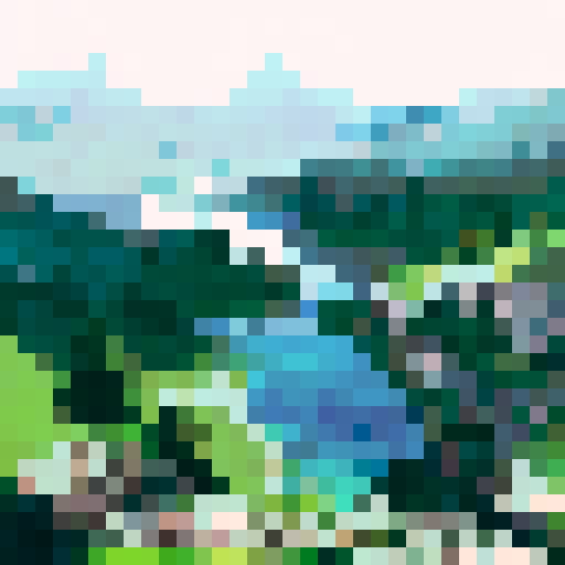 L-shaped lake on bottom on picture, shorline, rockface shelf for lean-too nearby, woods in the background